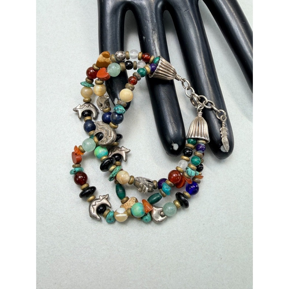 Sterling Silver Native American Multi Stone Bear Wrap Bracelet Adjustable